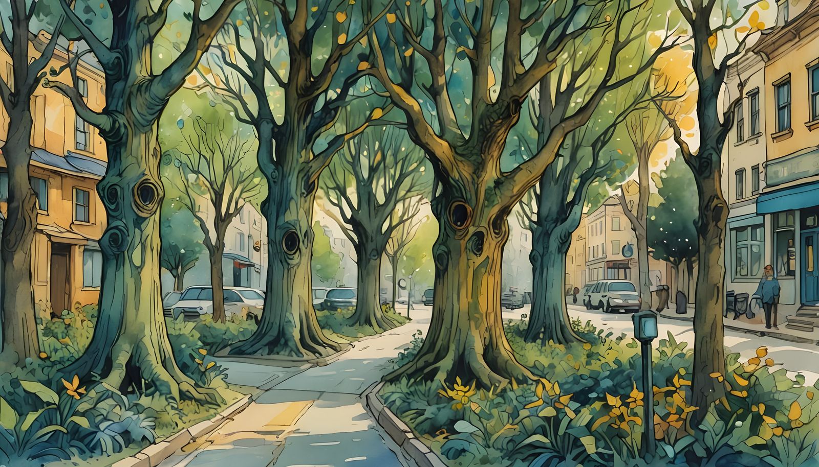 Watercolor Painting of Bird Plant Monsters on Street