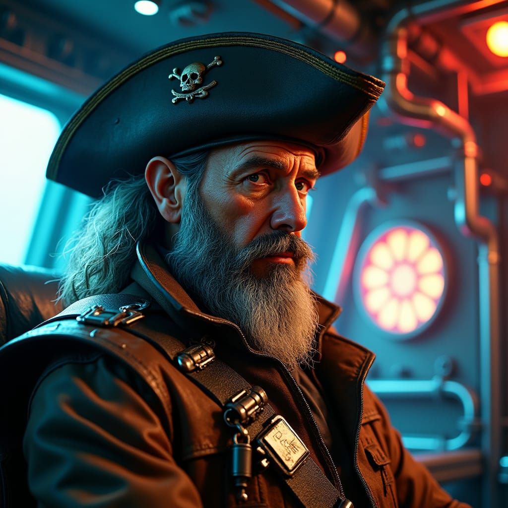 Cyberpunk Pirate Captain in Futuristic Spaceship Cabin