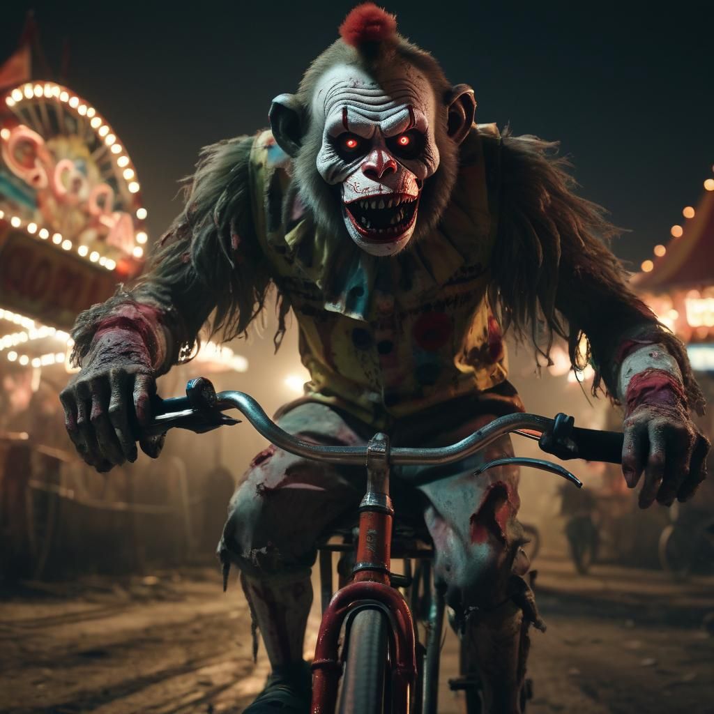 Zombie Clown Monkey Rides Bicycle in Abandoned Carnival