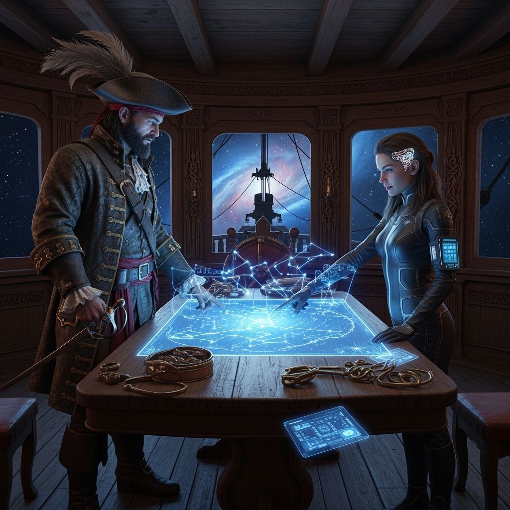 Pirate Captain & Navigator Study Star Map in Space Galleon