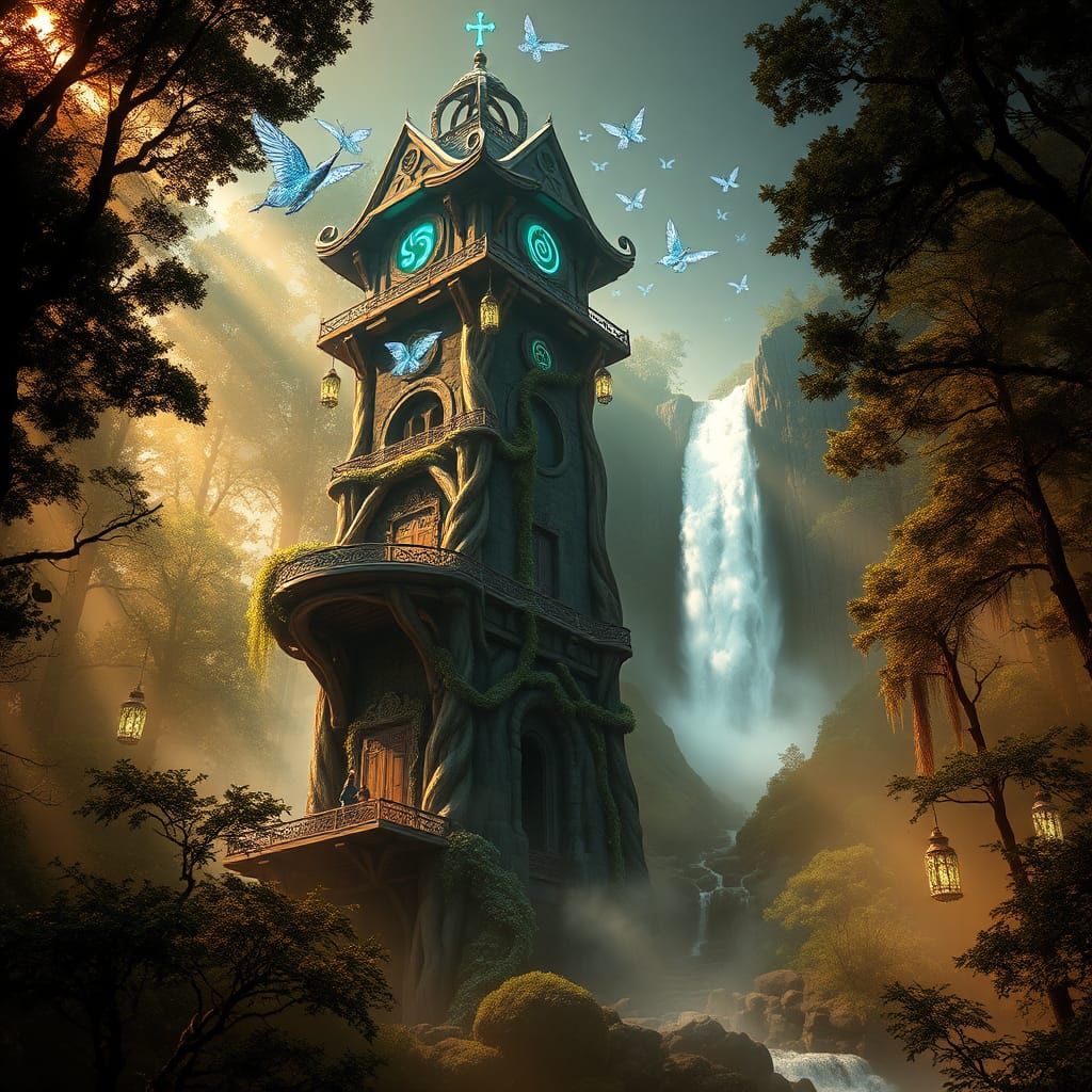 Mystical Tower Rises from Forest with Ethereal Mist