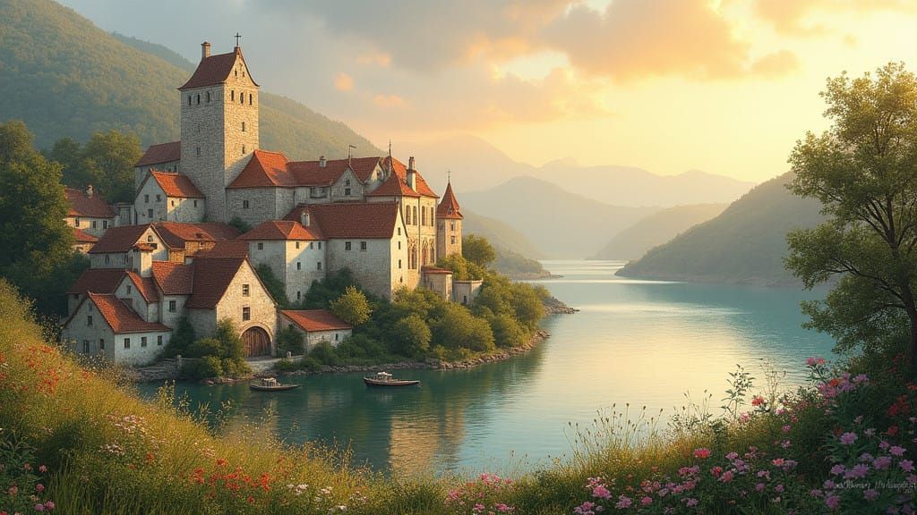 Medieval Town Beside Serene Lake at Sunset