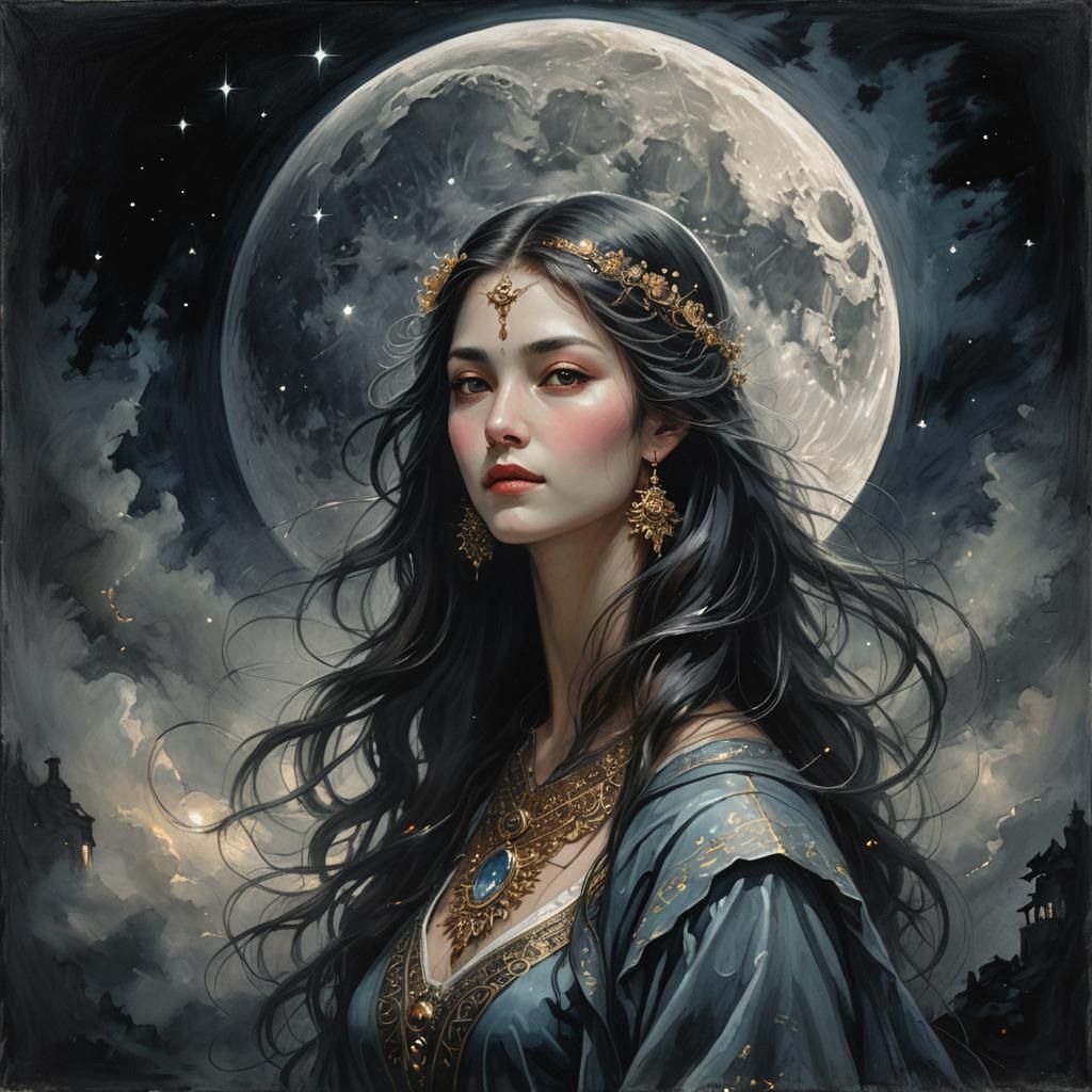 Magical Woman Under Moonlit Night, Dark Fantasy Art