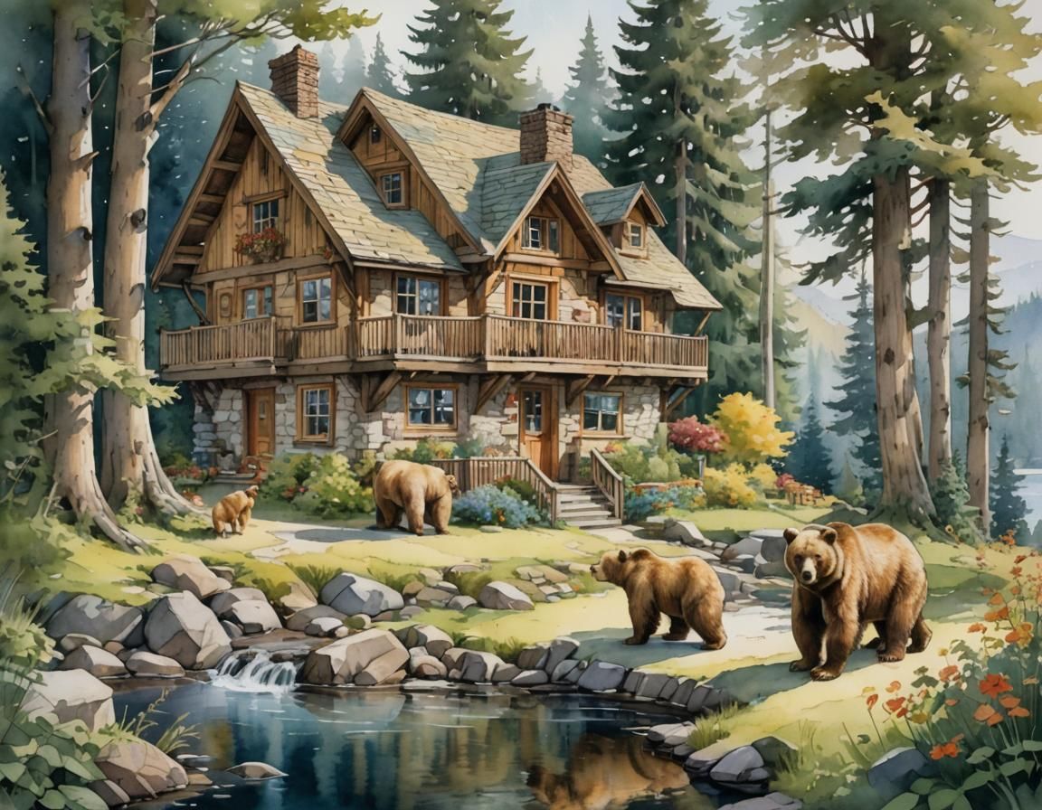 Goldilocks Finds the Three Bears' Cottage in Watercolor