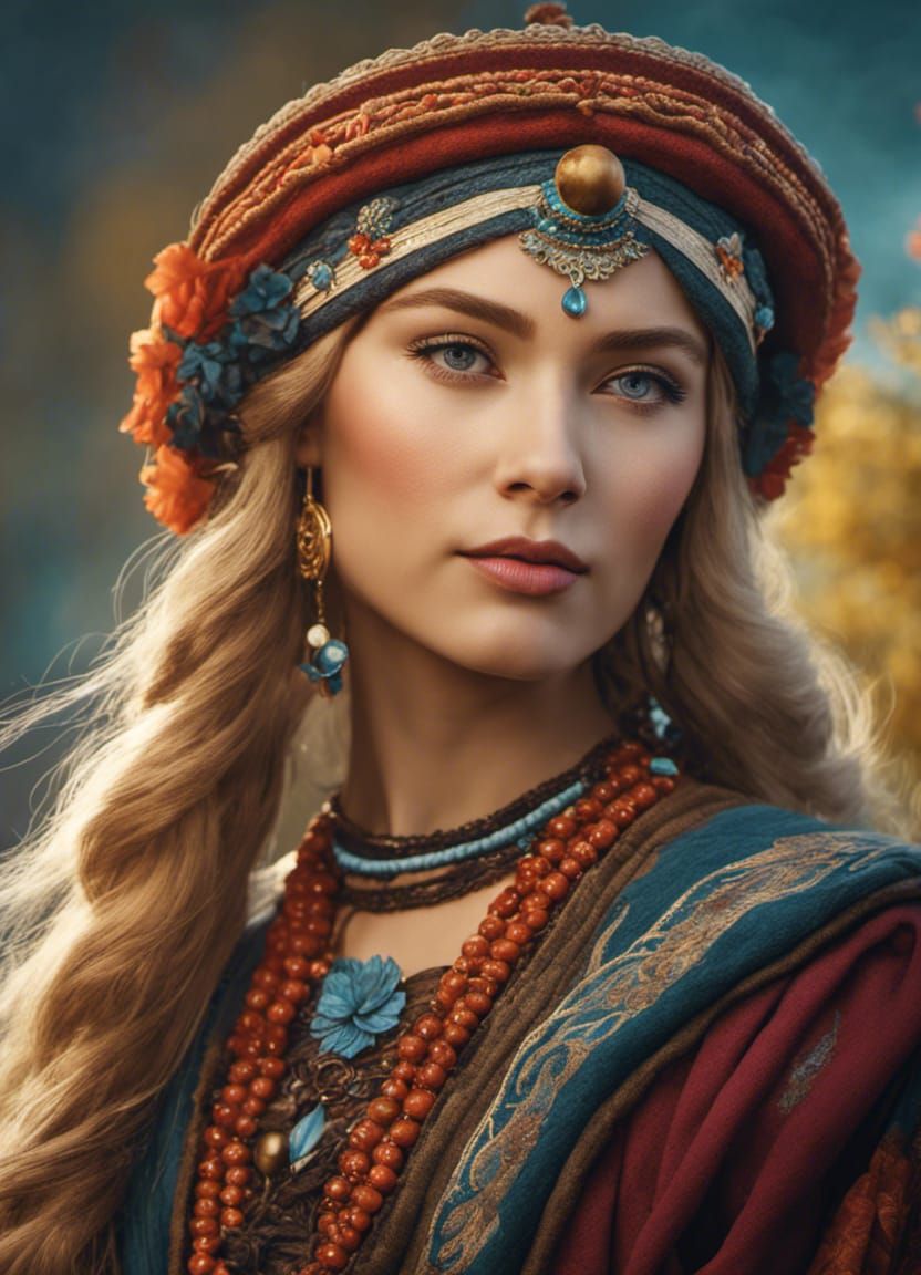 Scandinavian Girl in National Costume, Detailed Matte Painti...