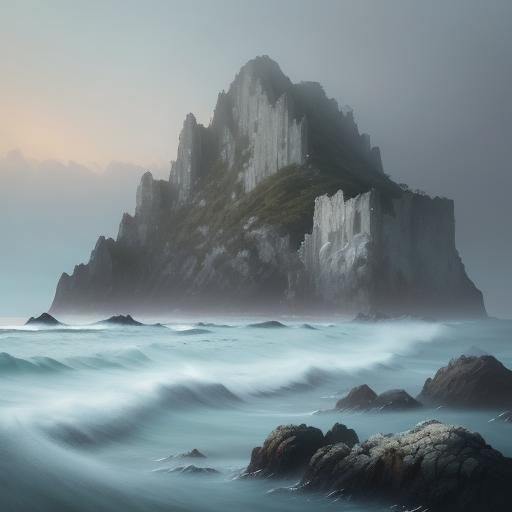 Minimalist Crag Jutting from Misty Ocean: Digital Art