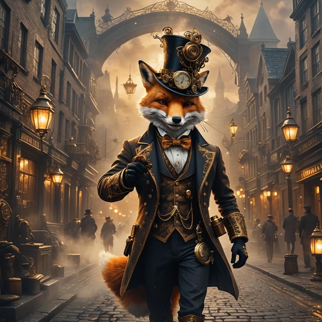 Steampunk Fox in Tophat with Pocket Watch