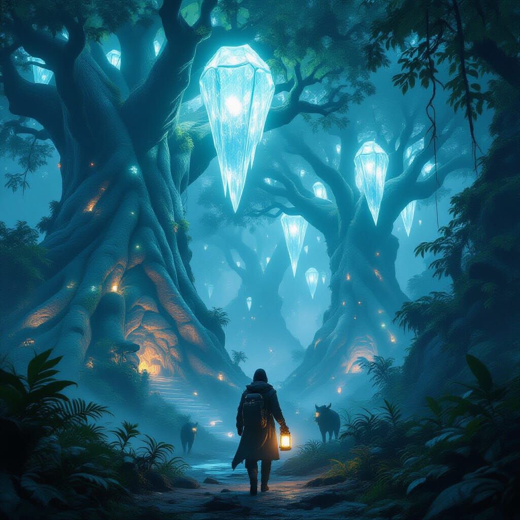 Explorer in a Bioluminescent Jungle