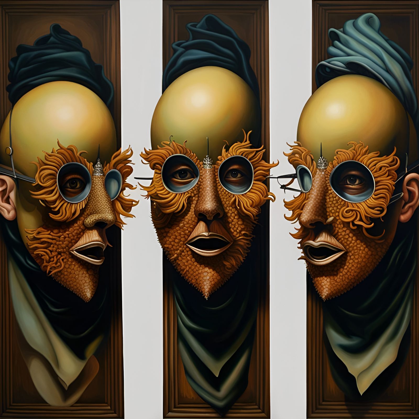 Dadaist Surrealist Triptych: Illusory Mask Transformation