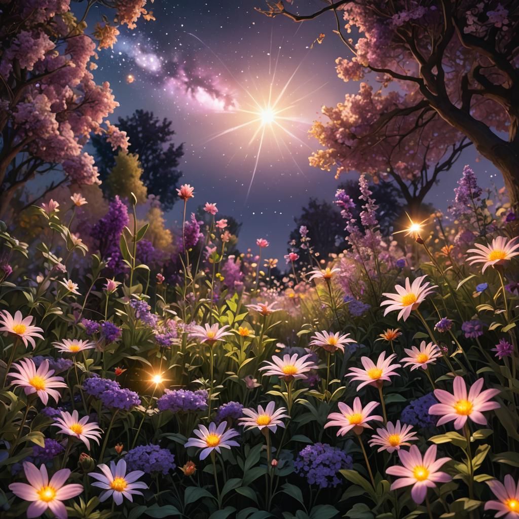 Star Falls on Spring Garden in Hyperrealistic Style