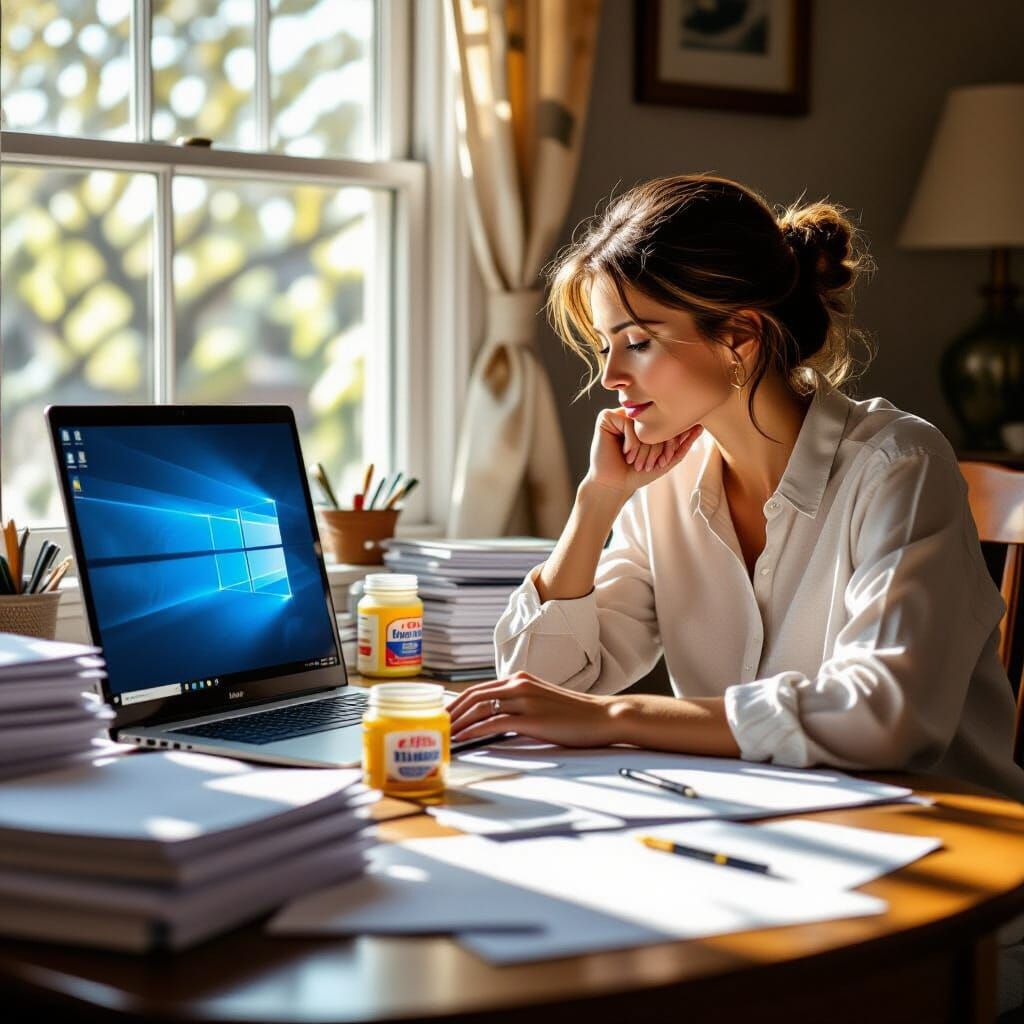 Mother at Cluttered Desk with Laptop, Photorealistic Style