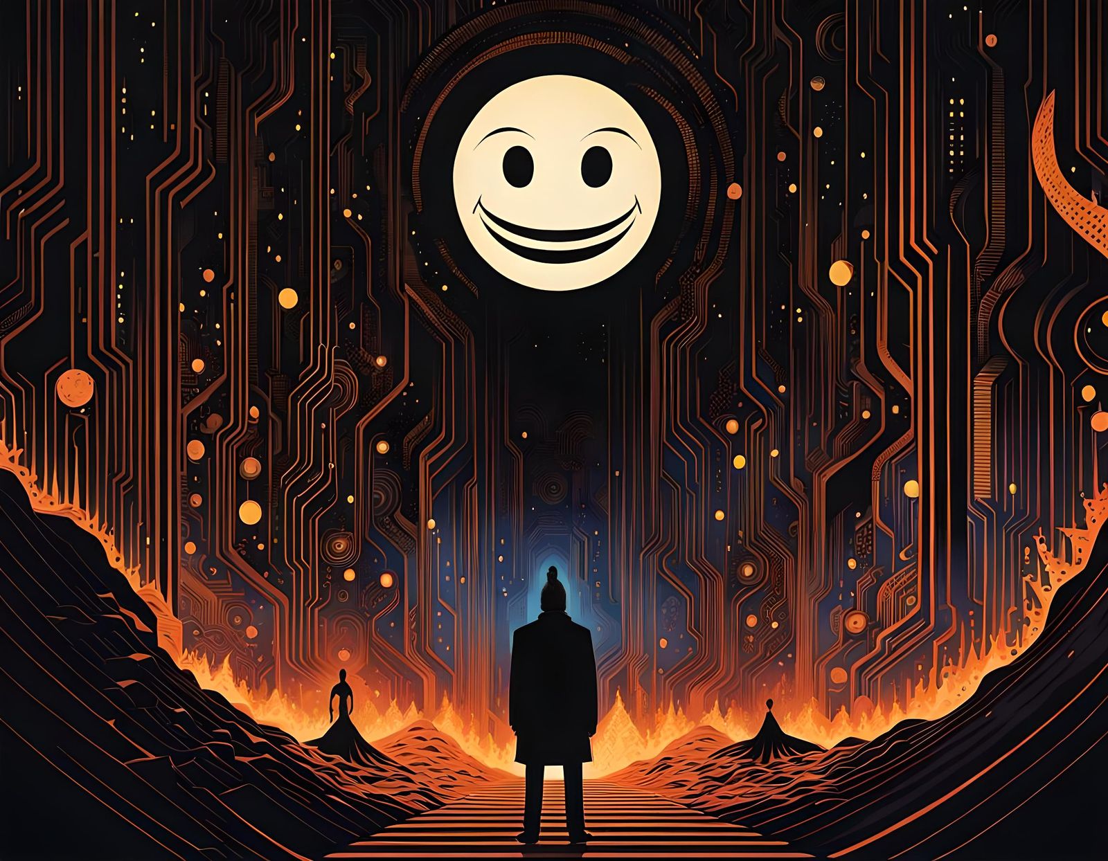 Eerie Figure in Darkness with Smiley Mask