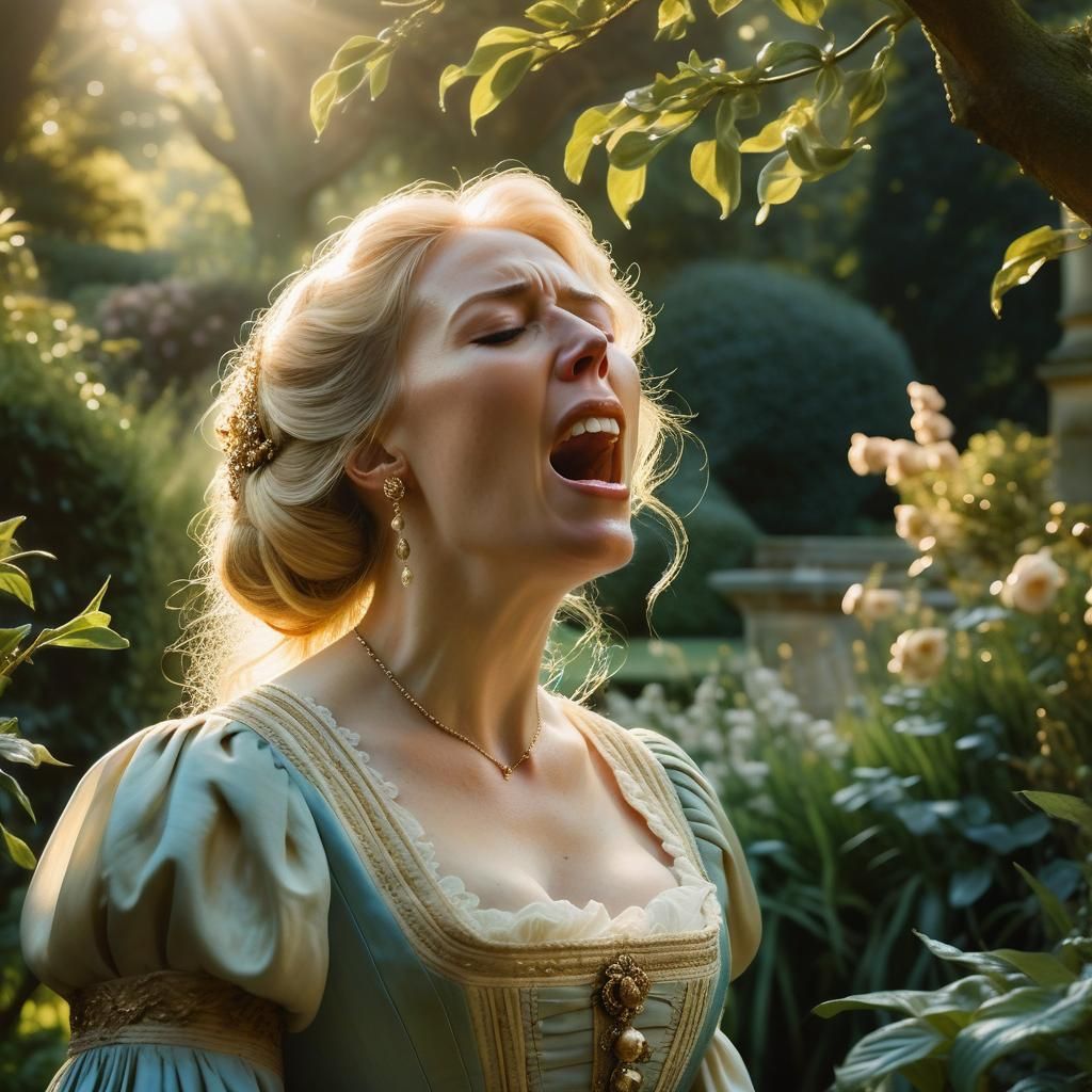 Screaming Blonde in English Garden as Romantic Realism