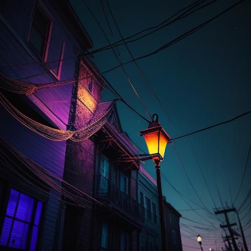 Surrealist Rope End Under Streetlamp in Macabre Style