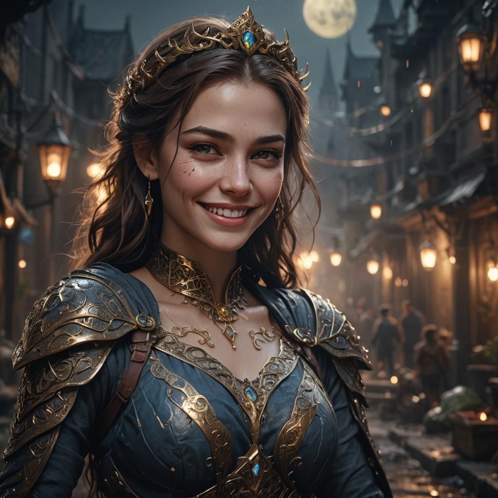 Smiling Female Model in Dark Fantasy Matte Painting