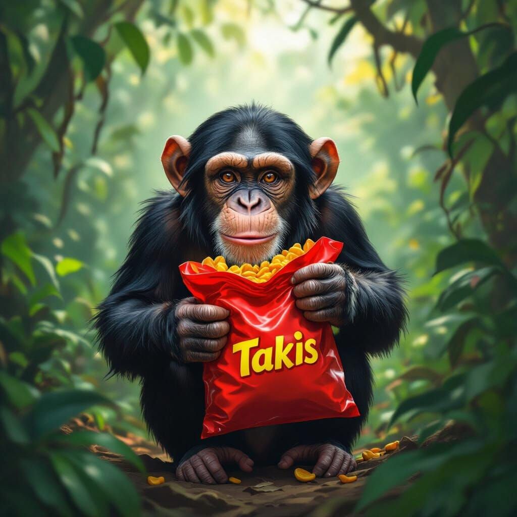 Mischievous Chimpanzee Enjoys Takis in Lush Jungle