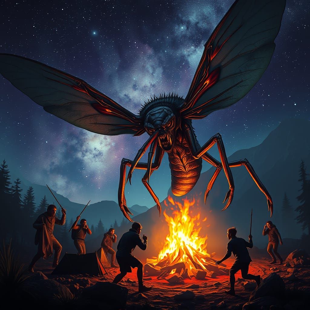 Ethereal Horror: Alien Moth Monster Engulfs Campfire