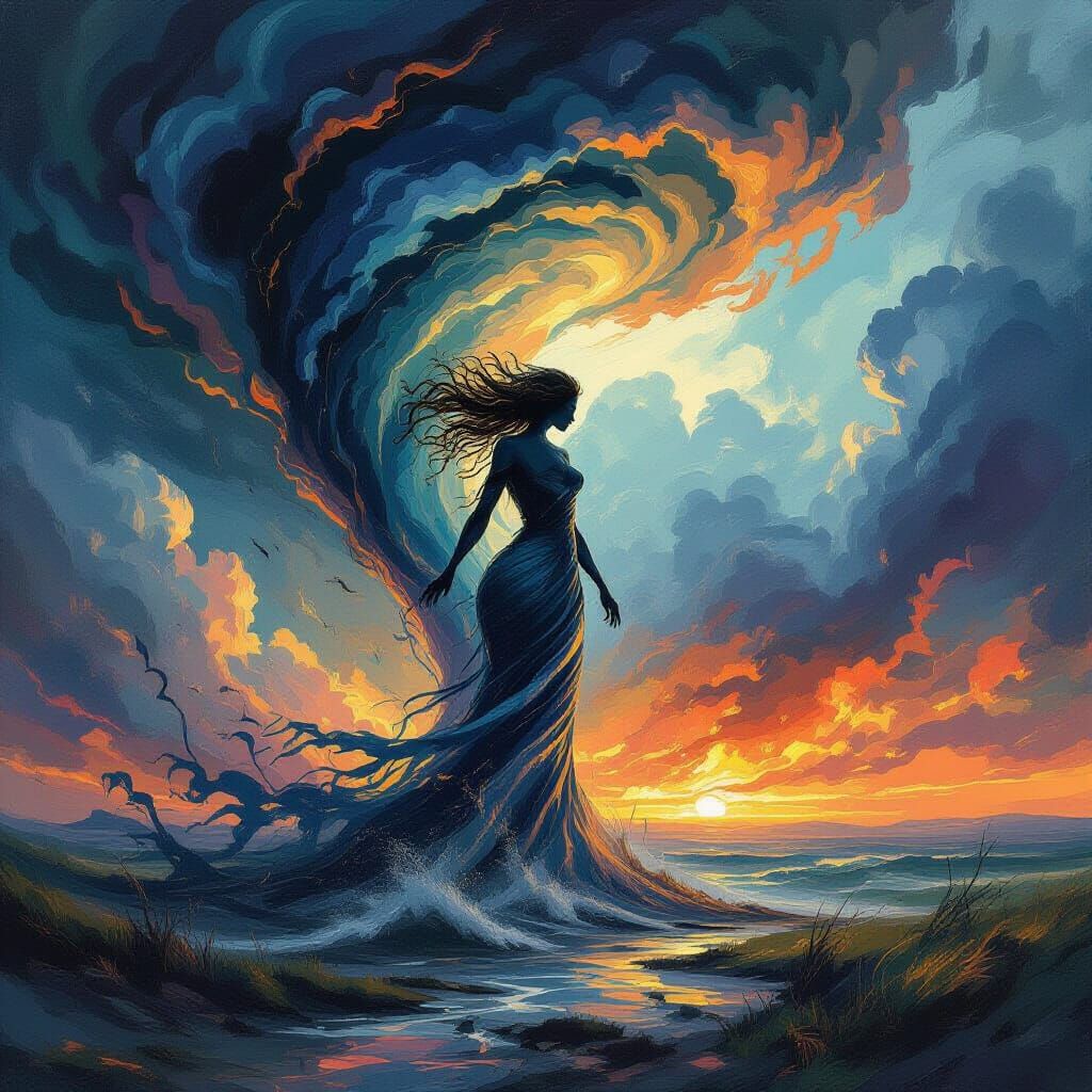 Tornado Giantess Emerges from Stormy Landscape as Oil Painti...