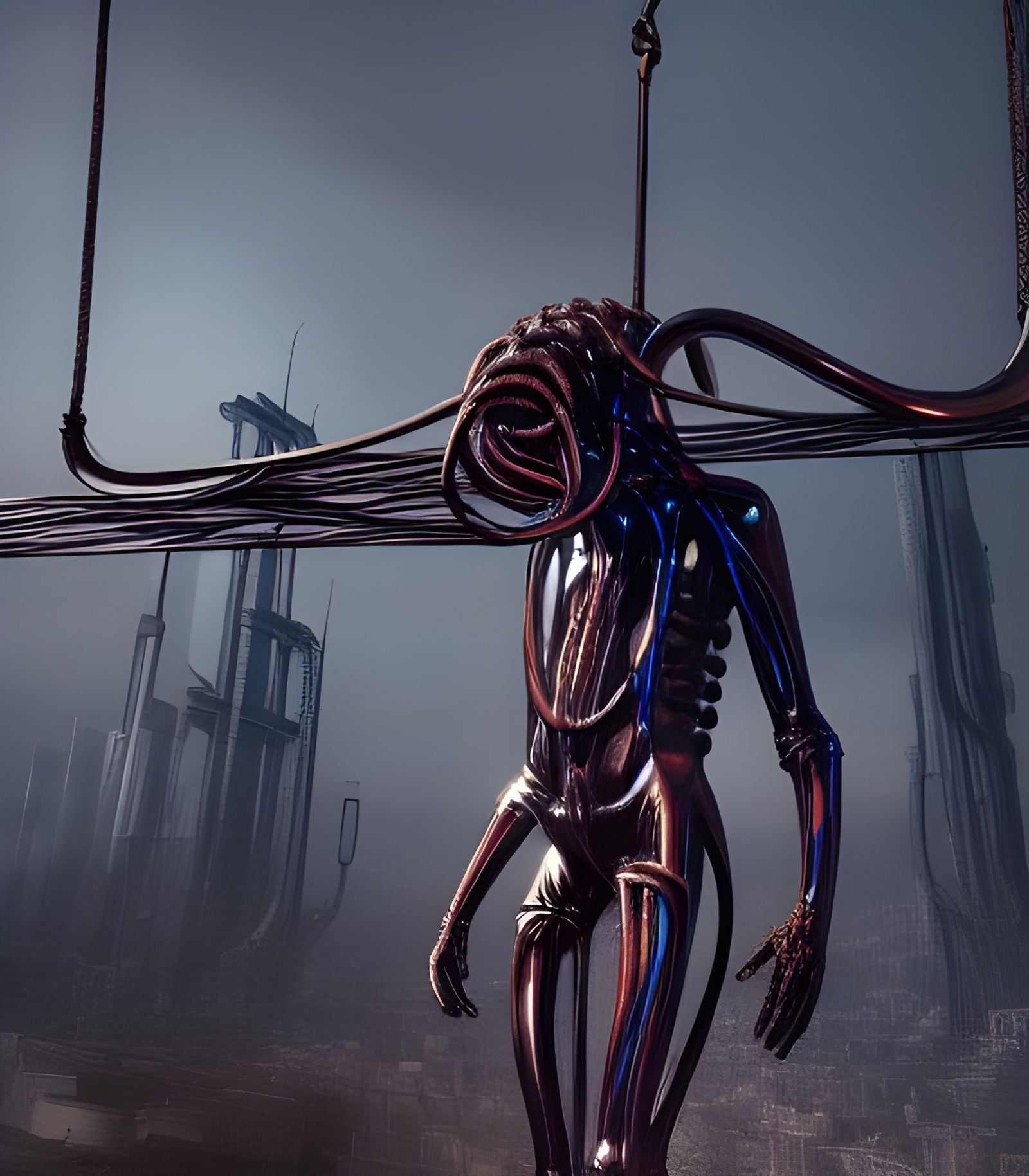 Sinuous Metallic Figure Suspended: Detailed Concept Art