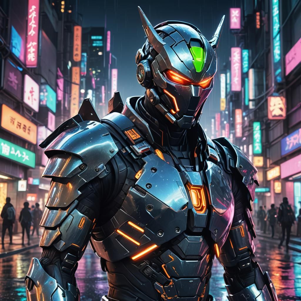 Cyberpunk Genji Portrait in Neon City, 3D Anime