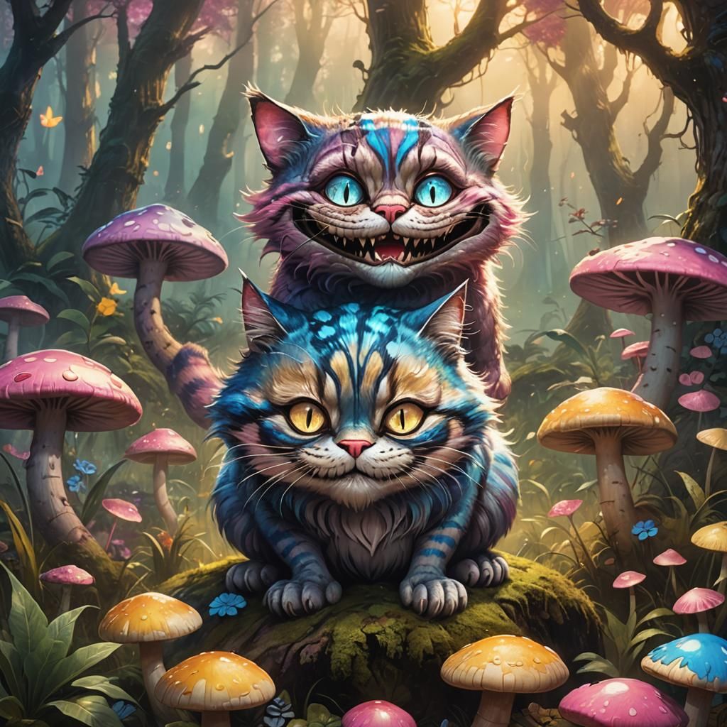 Mischievous Cheshire Cat in Mystical Forest