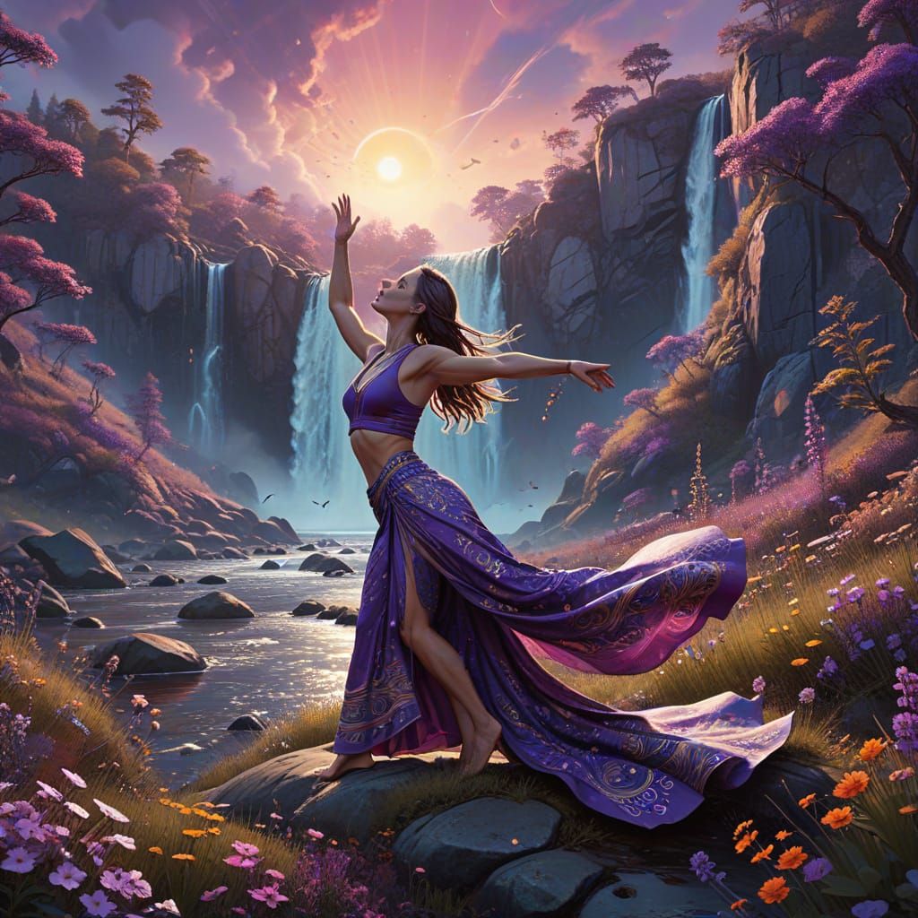 Mystical Woman in Vibrant, Dreamlike Landscape