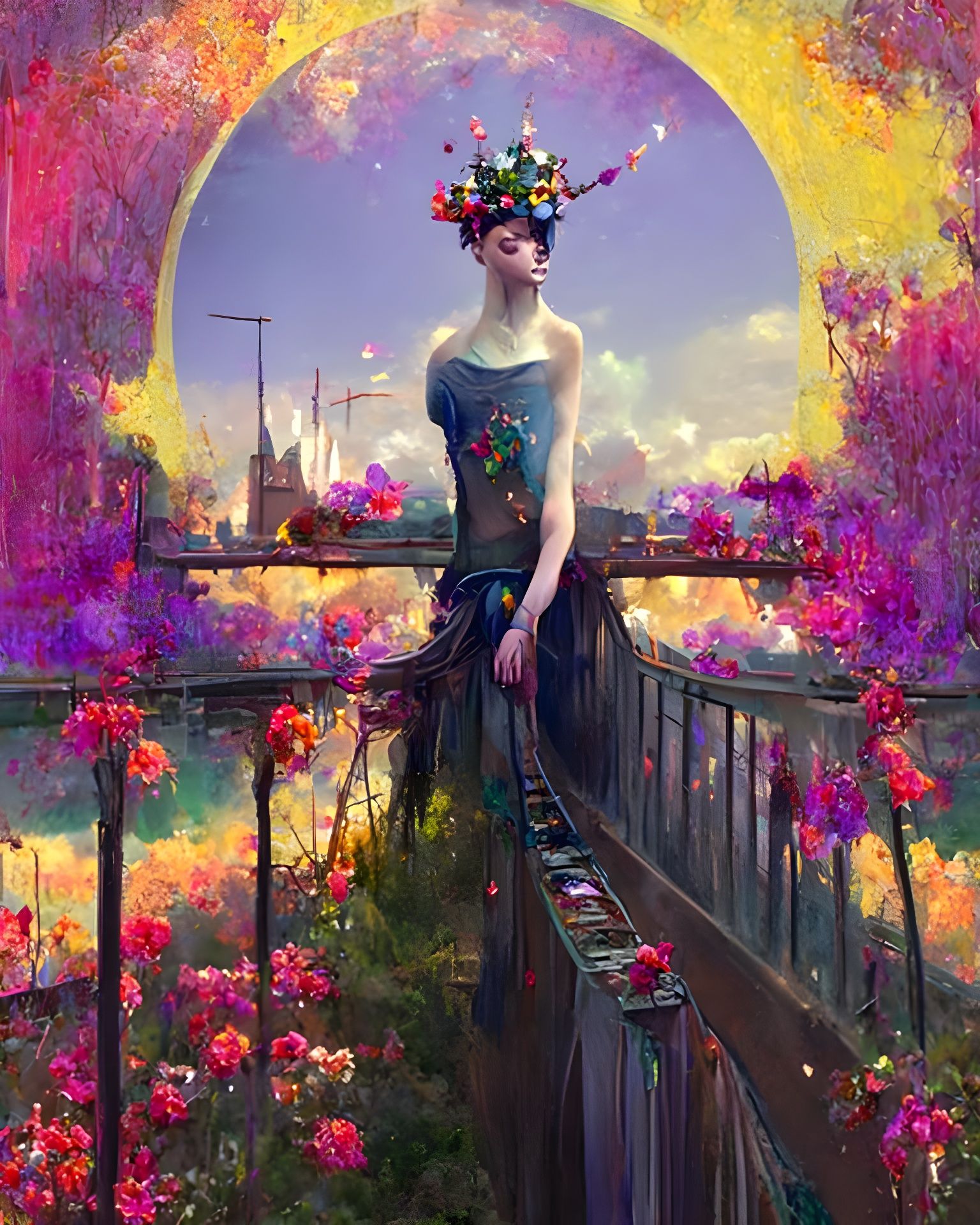 Woman with Flower Crown on Enchanted Bridge