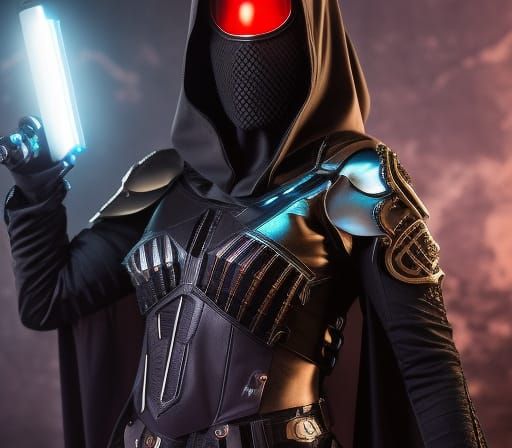 Cyberpunk Assassin with Glowing Eyes in War-Torn City