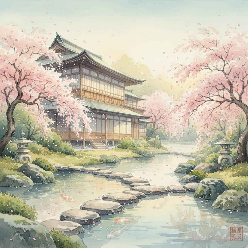 Serene Japanese Garden at Dawn in Watercolor Style