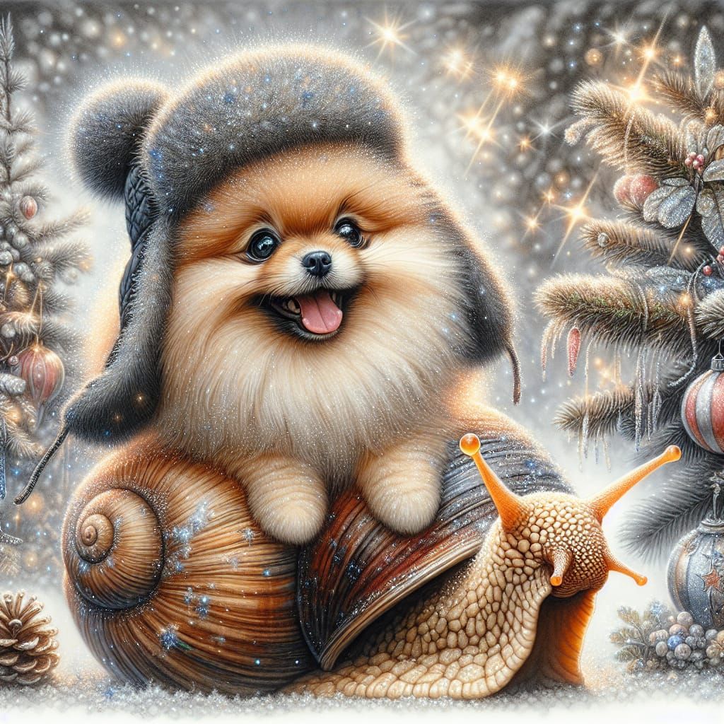 Surreal Christmas Wonderland with Pomeranian and Giant Snail