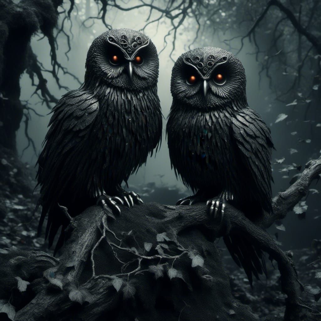 Jeweled Owls in Graveyard in Dark Surrealism Style