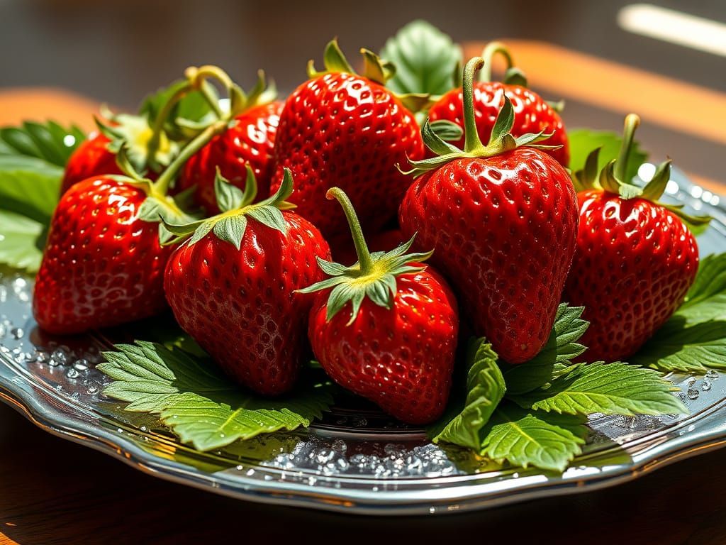 Photorealistic Strawberries with Dewdrops in Warm Sunlight