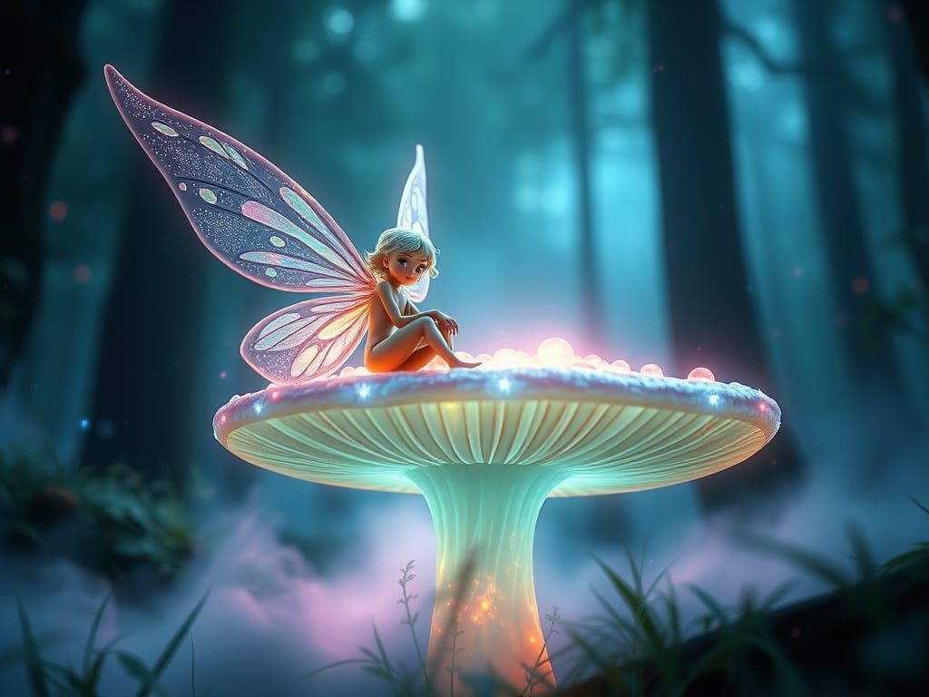 Magical Pixie on Phosphorescent Mushroom in Enchanted Forest