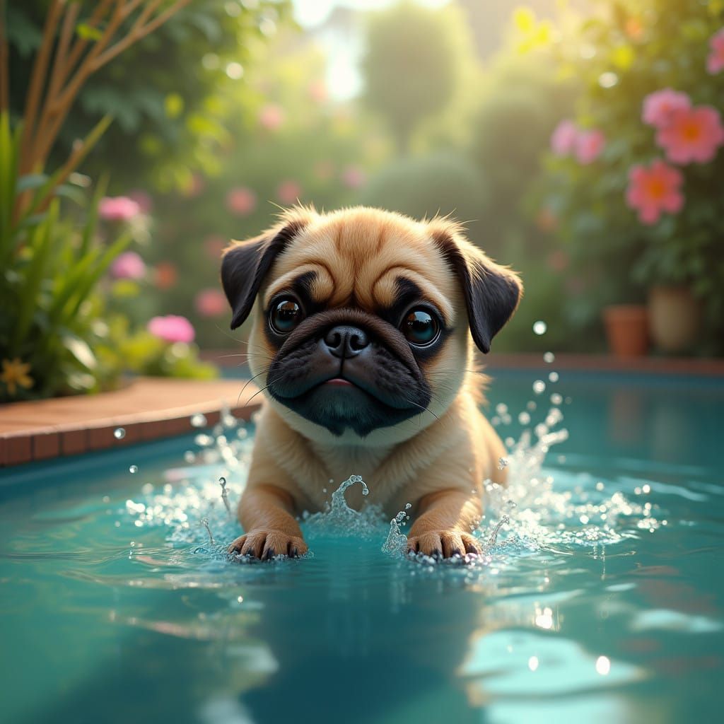 Whimsical Pug in Lush Pool Paradise