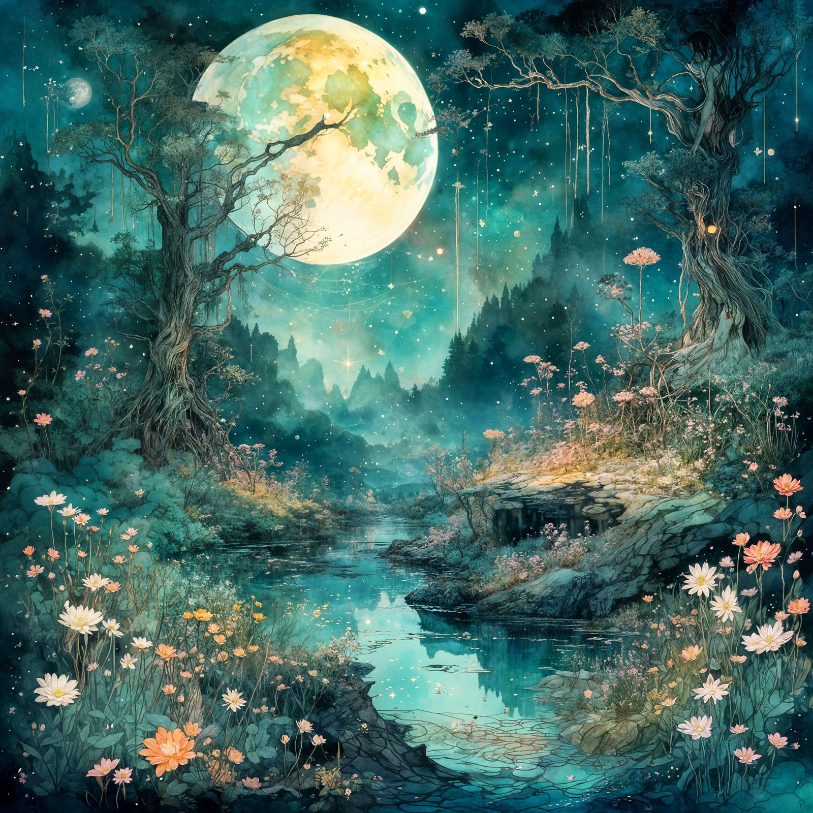 Moonlit Meadow: Digital Watercolor Fantasy Landscape