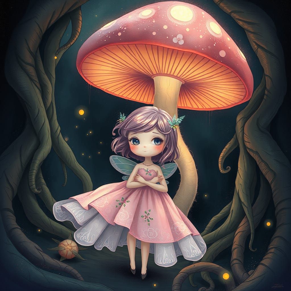 Chibi Fae Under Bioluminescent Mushroom in Underwood