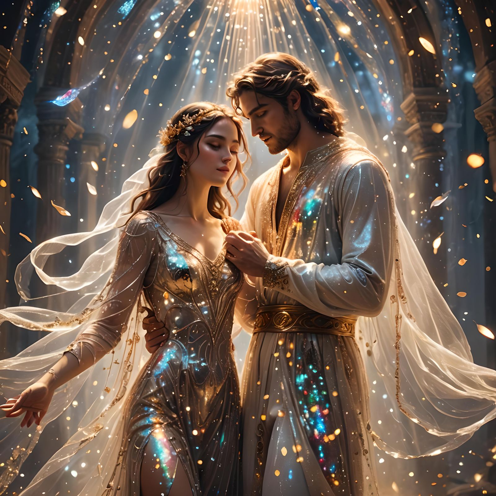 Romantic God and Goddess Embrace in Sparkling Light