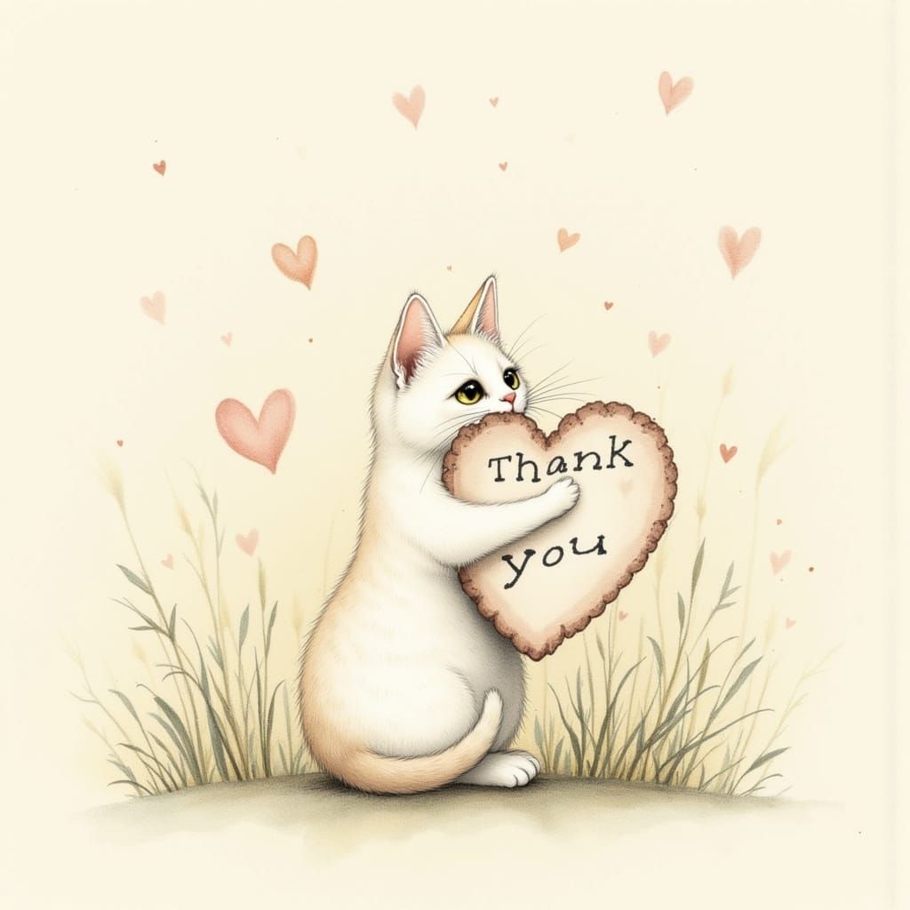 Tiny Pearl Cat Holding Thank You Sign in Ink Style