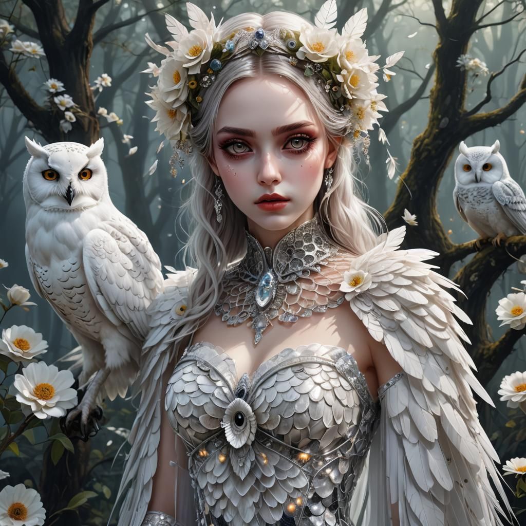 Ethereal Woman and Owl in Hyperrealistic Gothic Art