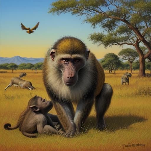 Baboon Family in Sunny Savannah: Oil Painting