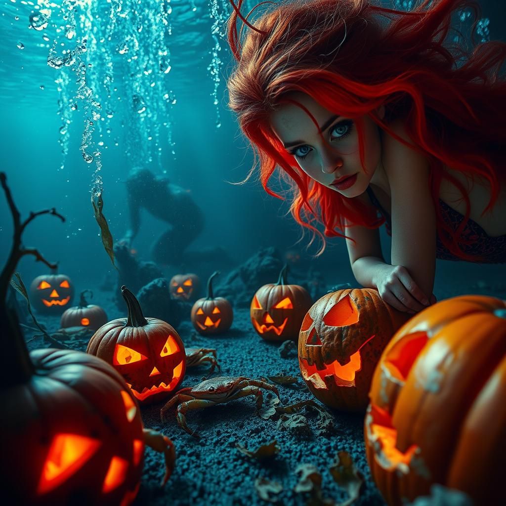 Underwater Mermaid Scene with Halloween Pumpkins