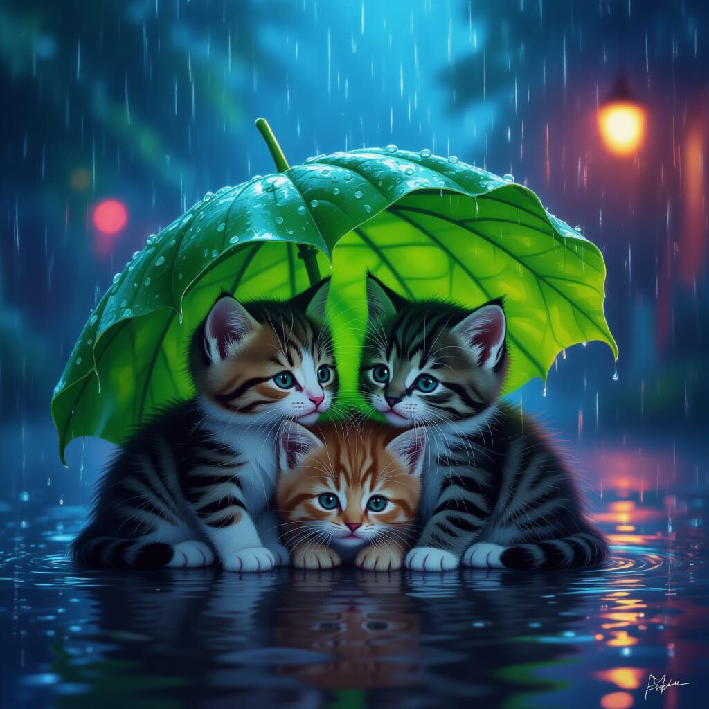 Cute Kittens Huddle Under Leaf on Rainy Neon Night