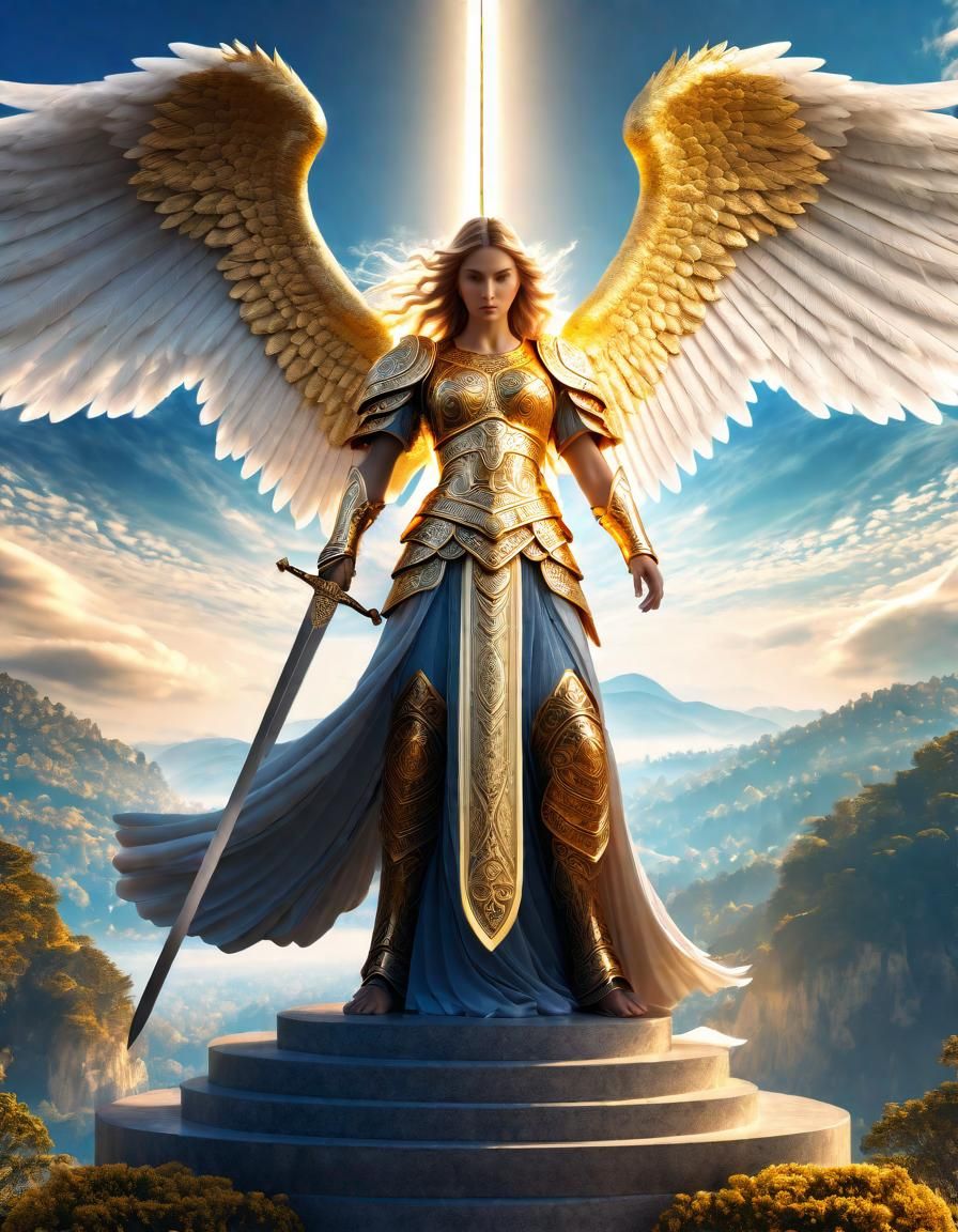 Powerful Angel with Sword in Godray Light