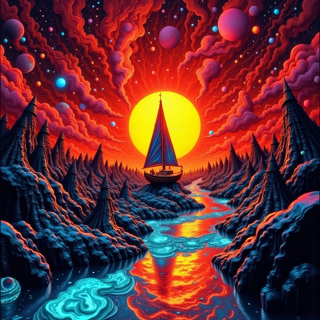 Sailboat Sunset in Holographic Geometric Style