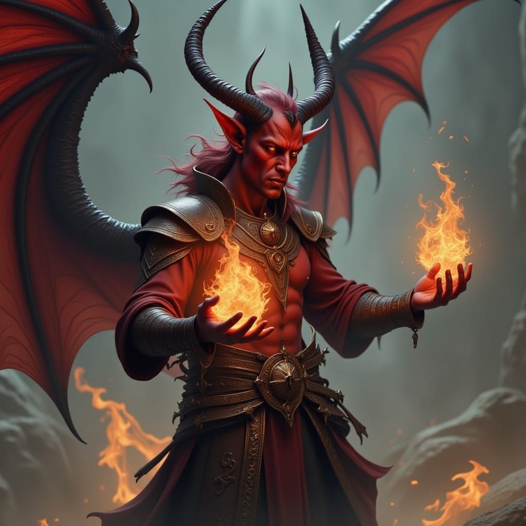 A red skin tielfing with <small stag antlers> dressed in <dr...