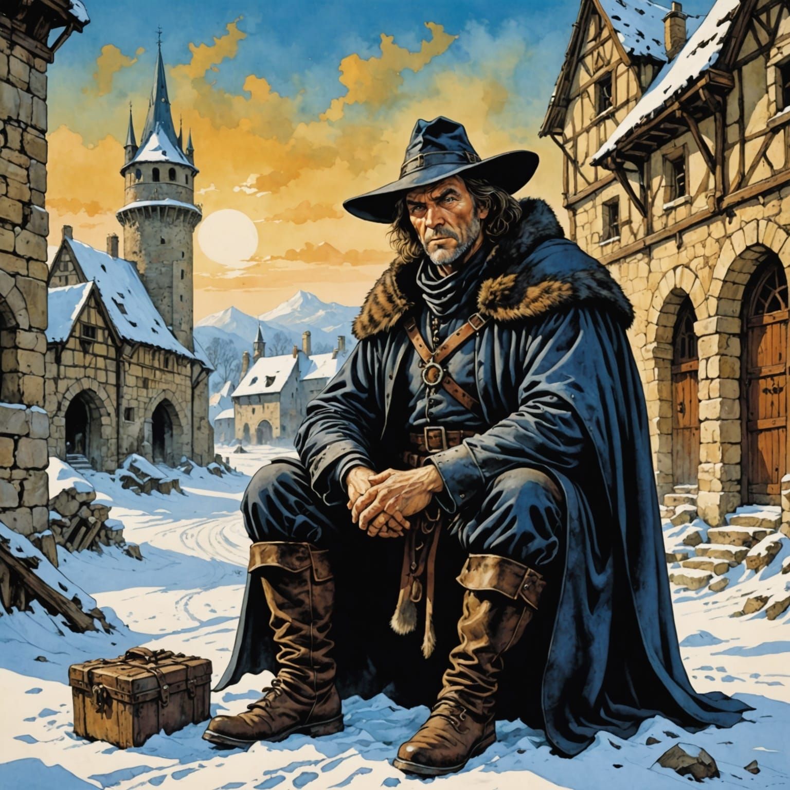 Medieval Witch Hunter in Snowy Ruins