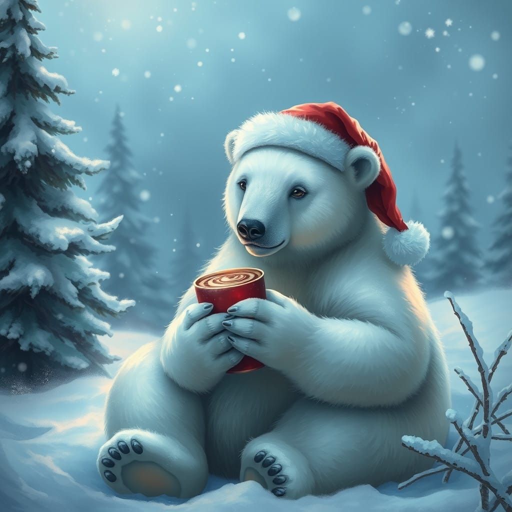Surreal Winter Wonderland with Polar Bear in Santa Hat, in W...