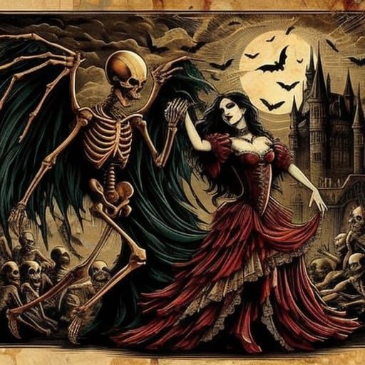 Vintage Skeleton and Vampire Dance Illustration