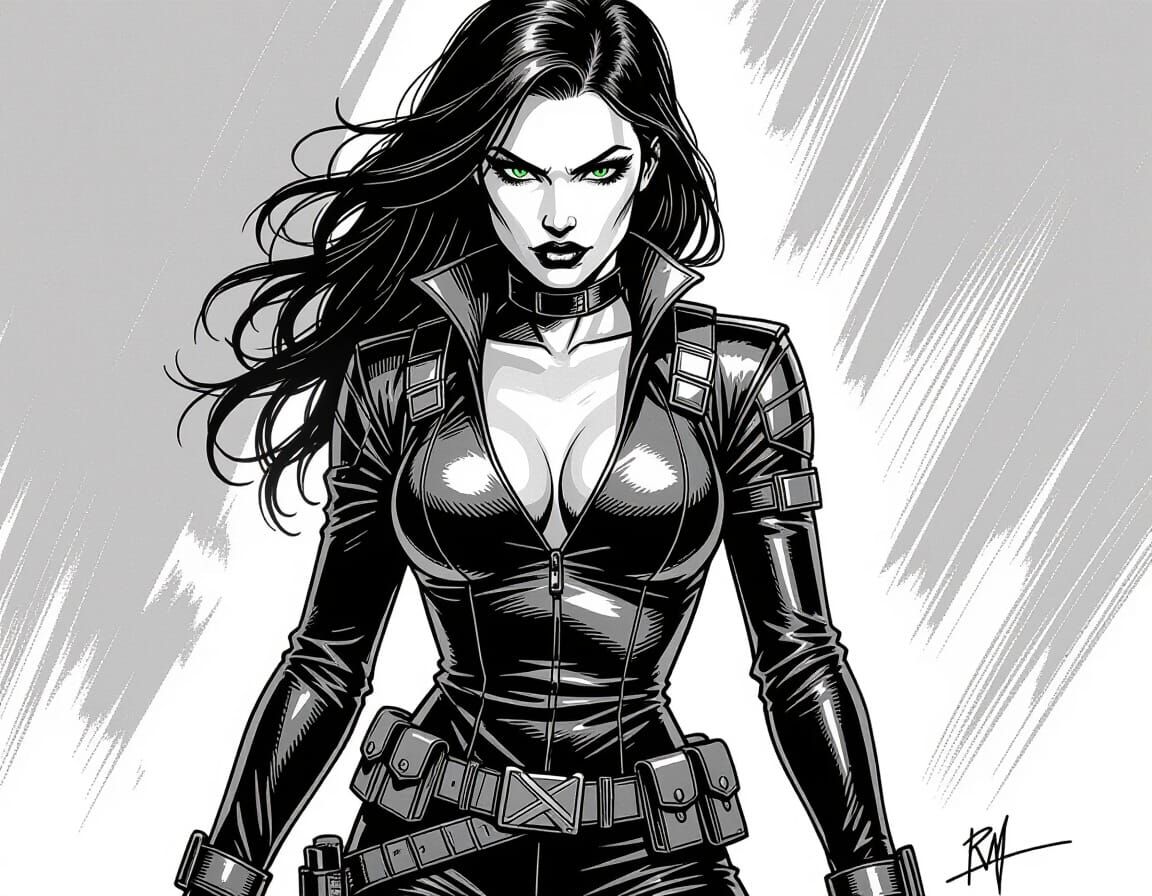 Green-Eyed Supervillain: Rough Sketch-Style Ink Portrait