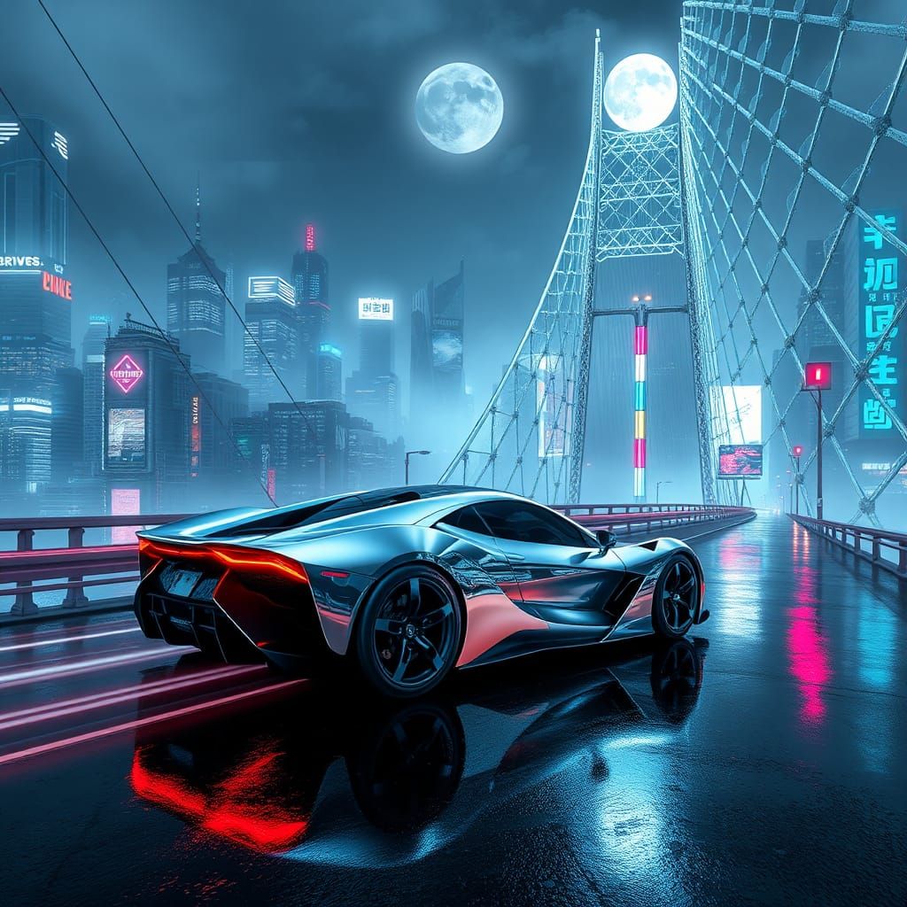 Futuristic Car on Crystalline Bridge in High-Tech Style